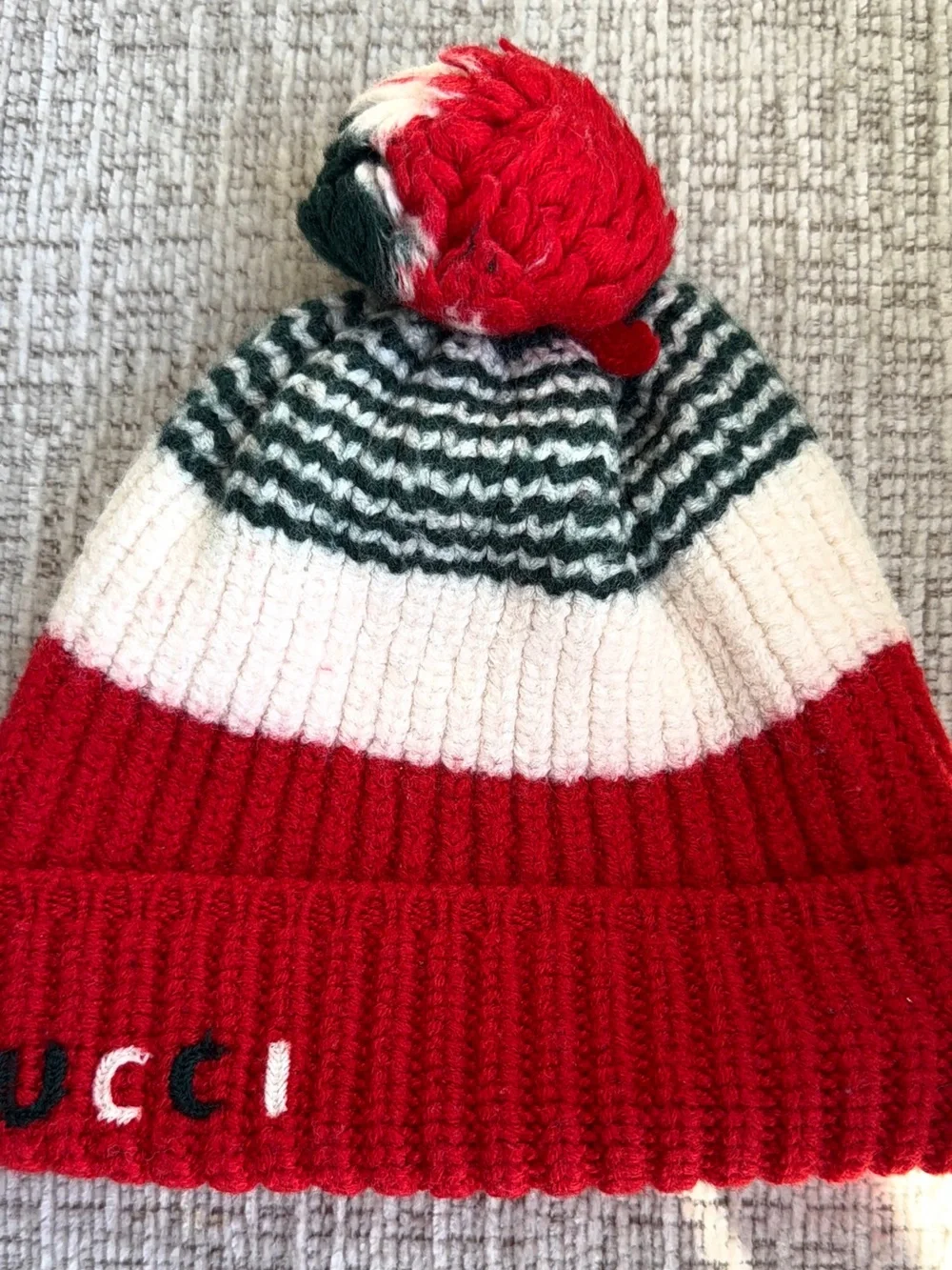 Gucci Kids Red, White & Green Knit Pom Beanie